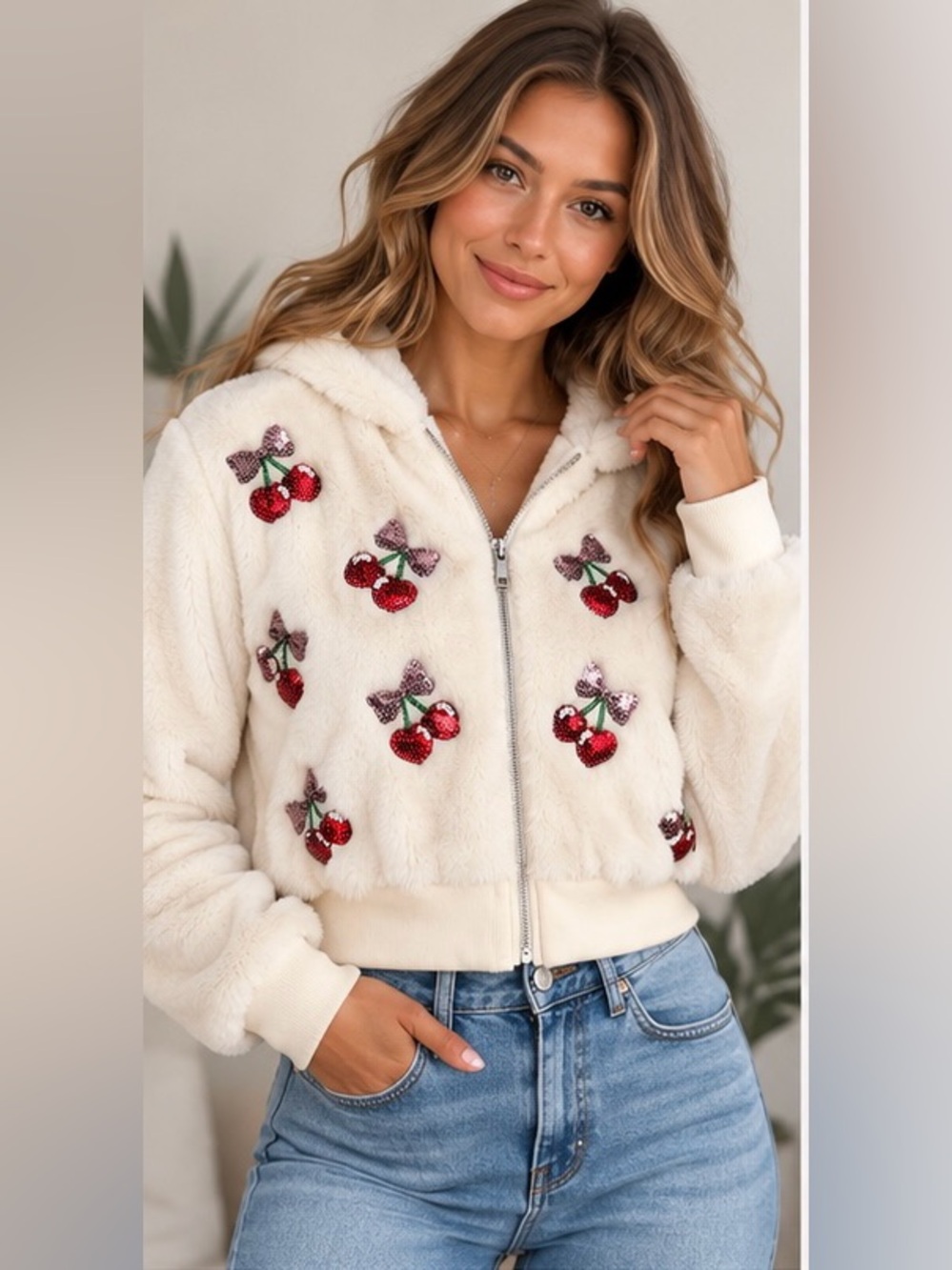 Miss Chevious Hooded Jacket with Sequin Cherry Embellishments-Faux Fur - NWOT